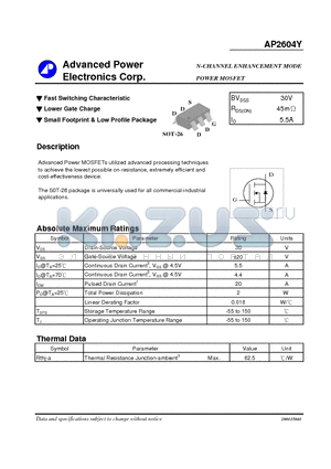 AP2604Y datasheet - N-CHANNEL ENHANCEMENT MODE