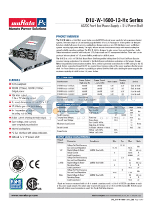 D1U-W-1600-12-HC2C datasheet - AC/DC Front End Power Supply  S1U Power Shelf