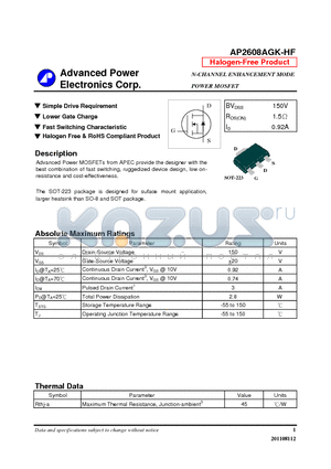 AP2608AGK-HF datasheet - N-CHANNEL ENHANCEMENT MODE POWER MOSFET