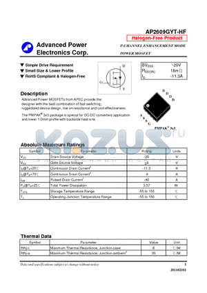 AP2609GYT-HF datasheet - Simple Drive Requirement, Small Size & Lower Profile