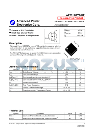 AP2611GYT-HF datasheet - Capable of 2.5V Gate Drive, Small Size & Lower Profile