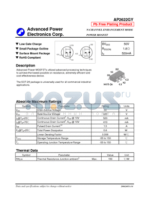 AP2622GY datasheet - N-CHANNEL ENHANCEMENT MODE POWER MOSFET