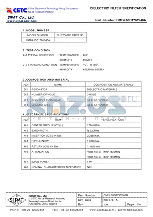 CMF453C1790S40A datasheet - DIELECTRIC FILTER SPECIFICATION