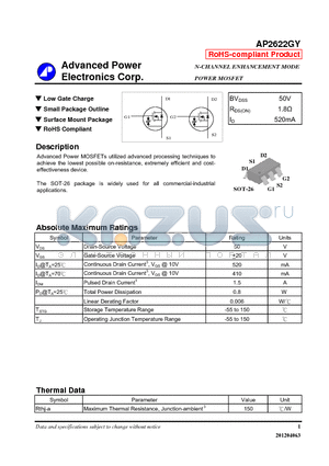 AP2622GY_12 datasheet - Low Gate Charge, Small Package Outline