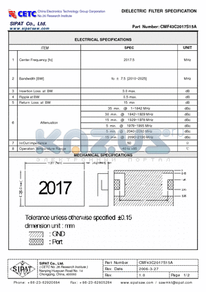 CMF43C2017S15A datasheet - DIELECTRIC FILTER SPECIFICATION