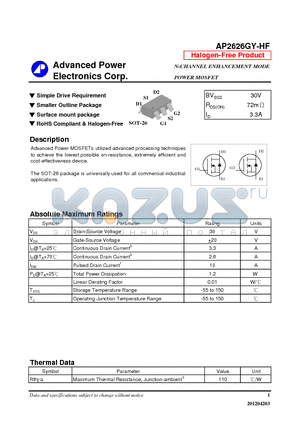 AP2626GY-HF datasheet - Simple Drive Requirement, Smaller Outline Package