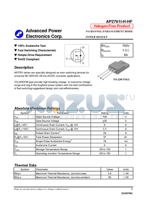 AP2761I-H-HF datasheet - N-CHANNEL ENHANCEMENT MODE POWER MOSFET