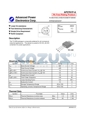 AP2761P-A datasheet - N-CHANNEL ENHANCEMENT MODE POWER MOSFET