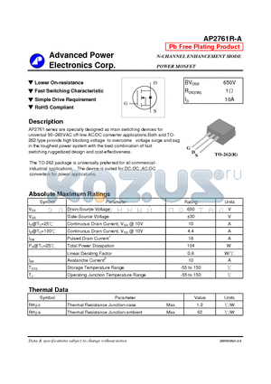 AP2761R-A datasheet - N-CHANNEL ENHANCEMENT MODE POWER MOSFET