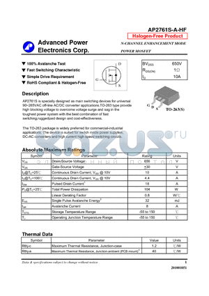 AP2761S-A-HF datasheet - N-CHANNEL ENHANCEMENT MODE POWER MOSFET