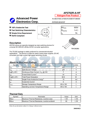 AP2762R-A-HF datasheet - N-CHANNEL ENHANCEMENT MODE POWER MOSFET