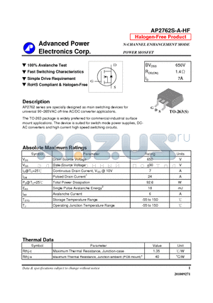 AP2762S-A-HF datasheet - N-CHANNEL ENHANCEMENT MODE POWER MOSFET