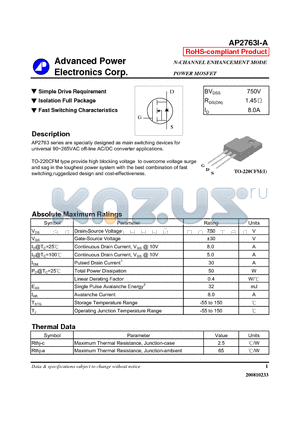 AP2763I-A datasheet - N-CHANNEL ENHANCEMENT MODE POWER MOSFET