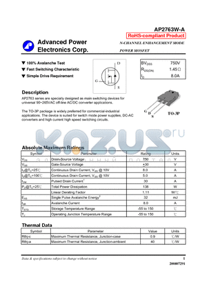 AP2763W-A datasheet - N-CHANNEL ENHANCEMENT MODE POWER MOSFET