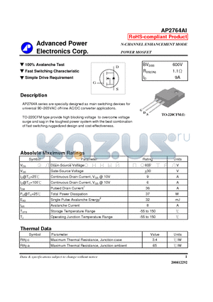 AP2764AI datasheet - N-CHANNEL ENHANCEMENT MODE POWER MOSFET