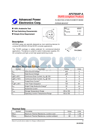 AP2764AP-A datasheet - N-CHANNEL ENHANCEMENT MODE POWER MOSFET