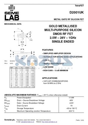 D2001UK datasheet - METAL GATE RF SILICON FET