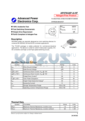 AP2764AP-A-HF datasheet - N-CHANNEL ENHANCEMENT MODE POWER MOSFET
