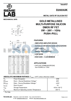 D2003 datasheet - METAL GATE RF SILICON FET