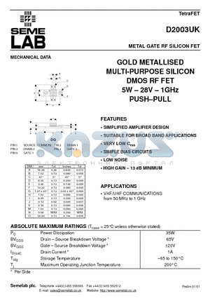 D2003UK datasheet - METAL GATE RF SILICON FET