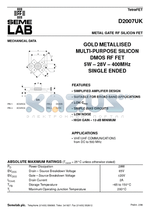 D2007UK datasheet - METAL GATE RF SILICON FET