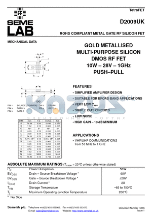 D2009UK datasheet - ROHS COMPLIANT METAL GATE RF SILICON FET