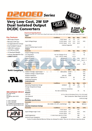 D200ED datasheet - Very Low Cost, 2W SIP Dual Isolated Output DC/DC Converters