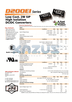 D200EI datasheet - Low Cost, 2W SIP High Isolation DC/DC Converters