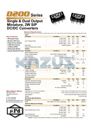 D201 datasheet - Single & Dual Output Miniature, 2W SIP DC/DC Converters