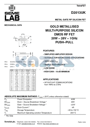 D2013 datasheet - METAL GATE RF SILICON FET