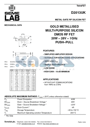 D2013UK datasheet - METAL GATE RF SILICON FET