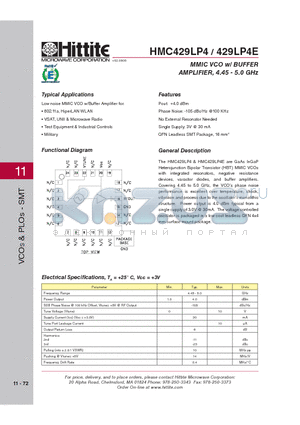 429LP4E datasheet - MMIC VCO w/ BUFFER AMPLIFIER, 4.45 - 5.0 GHz