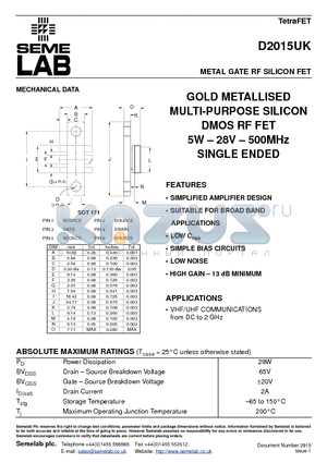 D2015UK datasheet - METAL GATE RF SILICON FET