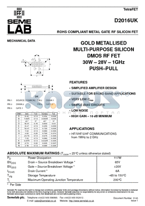 D2016UK datasheet - ROHS COMPLIANT METAL GATE RF SILICON FET