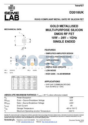 D2018UK datasheet - ROHS COMPLIANT METAL GATE RF SILICON FET