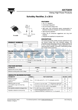 42CTQ030 datasheet - Schottky Rectifier, 2 x 20 A