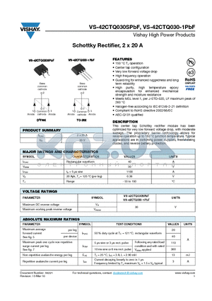 42CTQ030-1PBF datasheet - Schottky Rectifier, 2 x 20 A