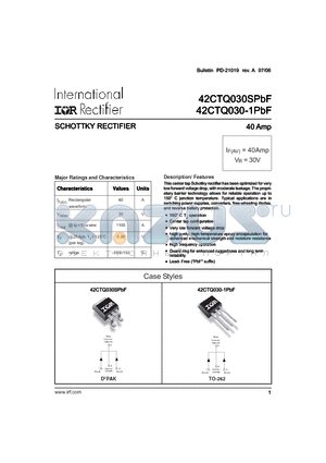 42CTQ030-1TRR datasheet - SCHOTTKY RECTIFIER 40 Amp