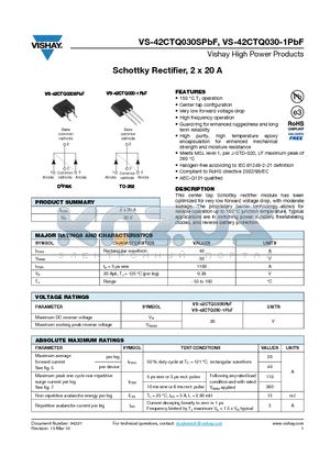 42CTQ030-1TRRPBF datasheet - Schottky Rectifier, 2 x 20 A