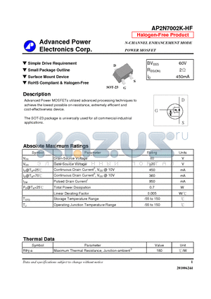 AP2N7002K-HF datasheet - Simple Drive Requirement, Small Package Outline