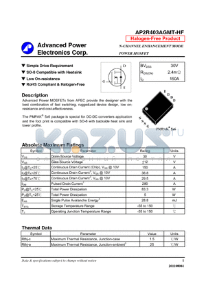 AP2R403AGMT-HF datasheet - Simple Drive Requirement, SO-8 Compatible with Heatsink