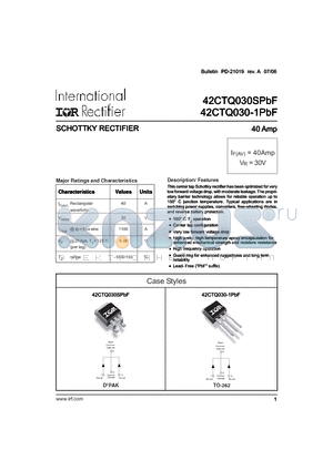 42CTQ030SPBF datasheet - SCHOTTKY RECTIFIER 40 Amp