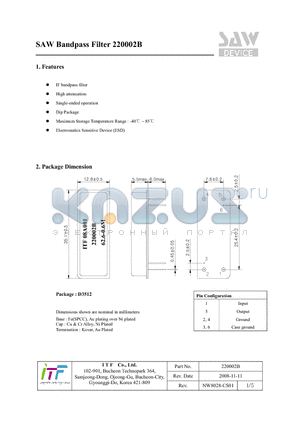 220002B datasheet - SAW Bandpass Filter