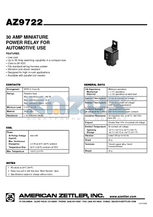 AZ9722-1A-12D datasheet - 30 AMP MINIATURE POWER RELAY FOR AUTOMOTIVE USE