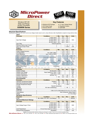 D201RW datasheet - Miniature SIP, 2W Wide Input Range DC/DC Converters