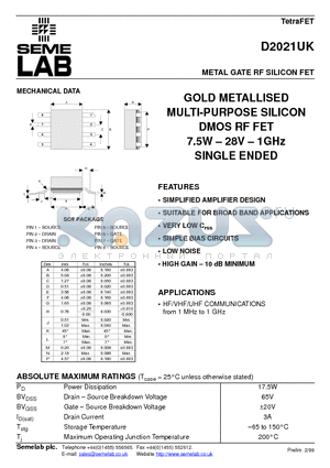 D2021 datasheet - METAL GATE RF SILICON FET