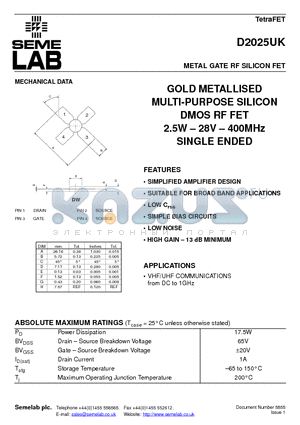 D2025UK datasheet - METAL GATE RF SILICON FET