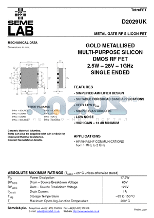 D2029UK datasheet - METAL GATE RF SILICON FET