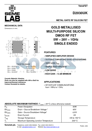 D2030 datasheet - METAL GATE RF SILICON FET