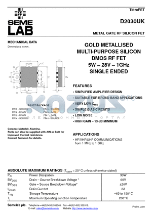 D2030UK datasheet - METAL GATE RF SILICON FET